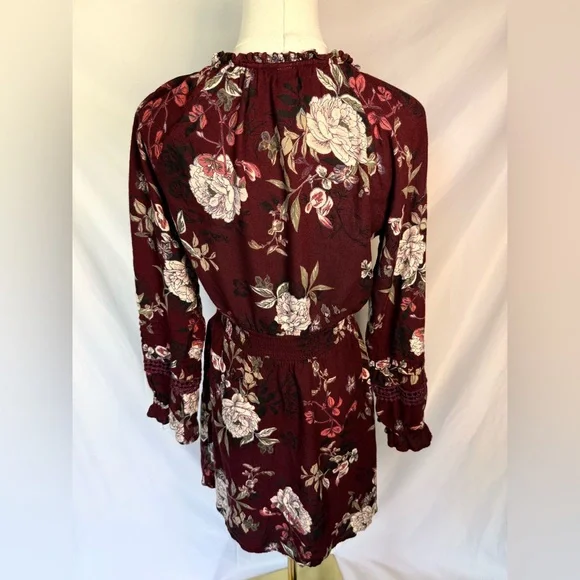 American Rag Burgundy Floral Long Sleeve Smocked Waist Mini Dress Peasant Boho - Picture 7 of 11